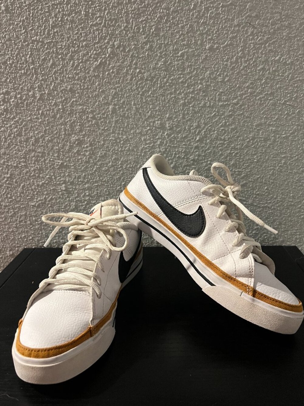 Nike Court Legacy White Sneakers with Black Swoosh and Tan Accent
